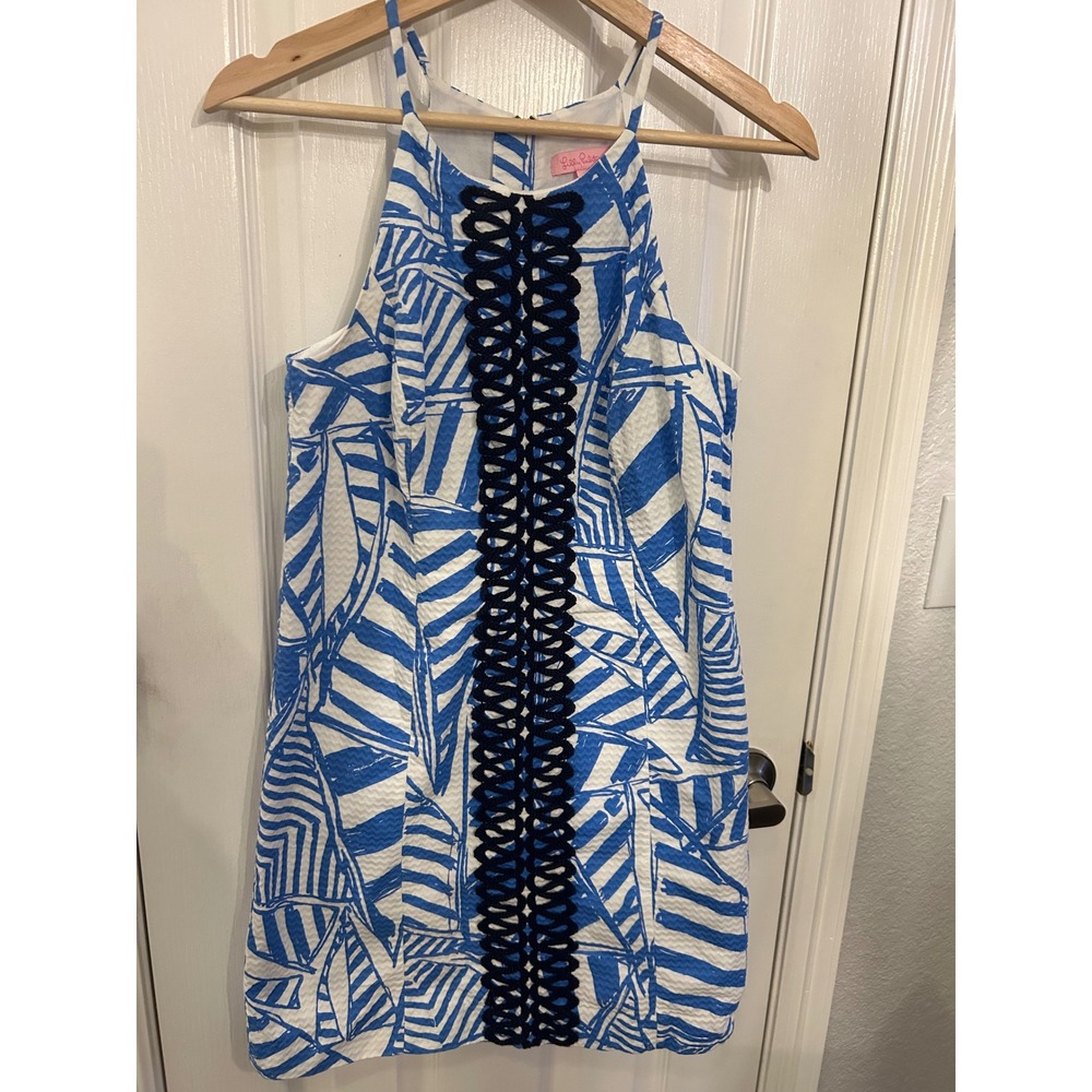 Lilly Pulitzer Blue White Sailboat Print Halter Shift Dress Soutache Trim Size 2